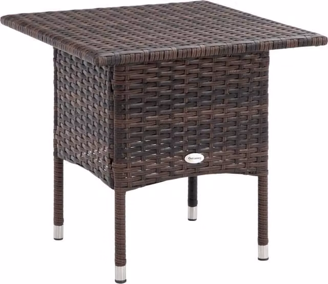 Outsunny Outdoor Rattan Side Table with Plastic Board and Powder Coated Steel Frame, Mixed Brown