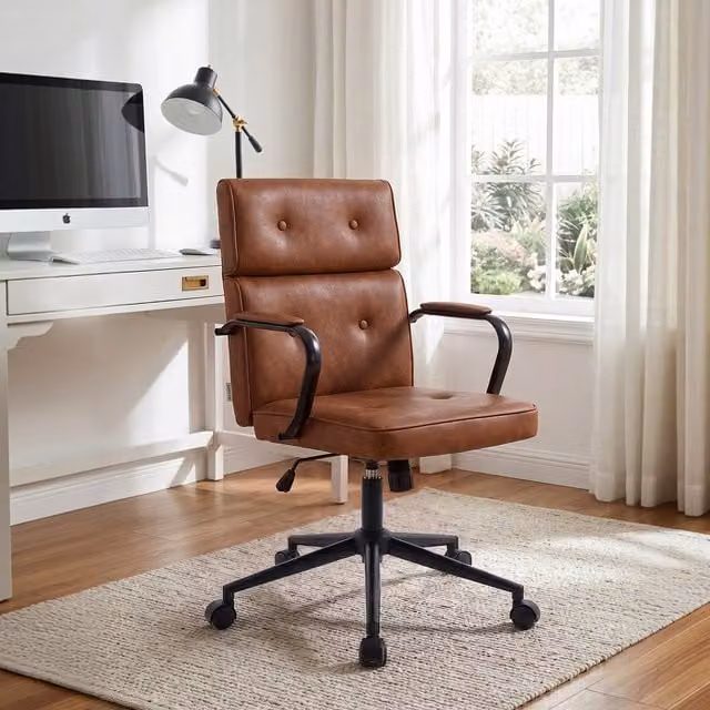 Livingandhome Ergonomic Mid-Century Brown Synthetic Leather Swivel Office Chair with Headrest and Armrests