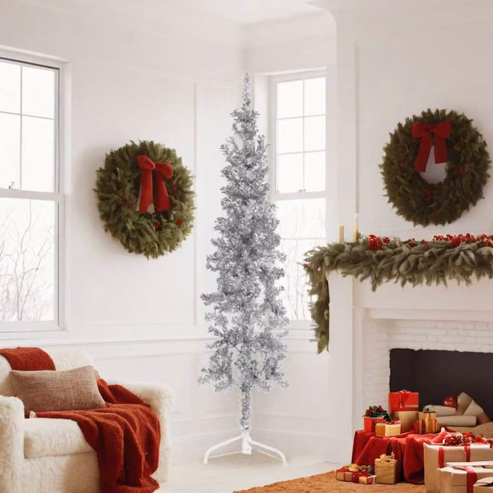 Berkfield Home Slim Artificial Half Christmas Tree with Stand, Silver, Height: 180 cm – 3