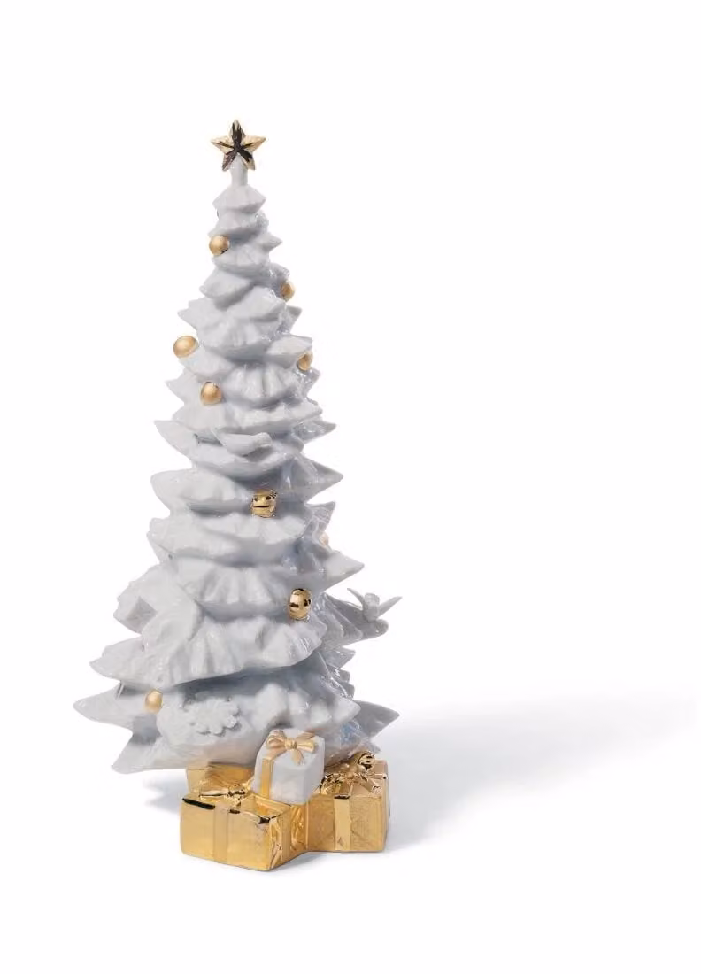 Lladró O Christmas Tree Porcelain Figurine in Gold and White
