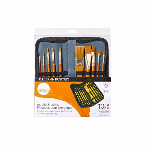 Daler-Rowney Simply Acrylic Brush Set with 10 Assorted Multicolour Synthetic Hair Brushes in a Gold Zip Case