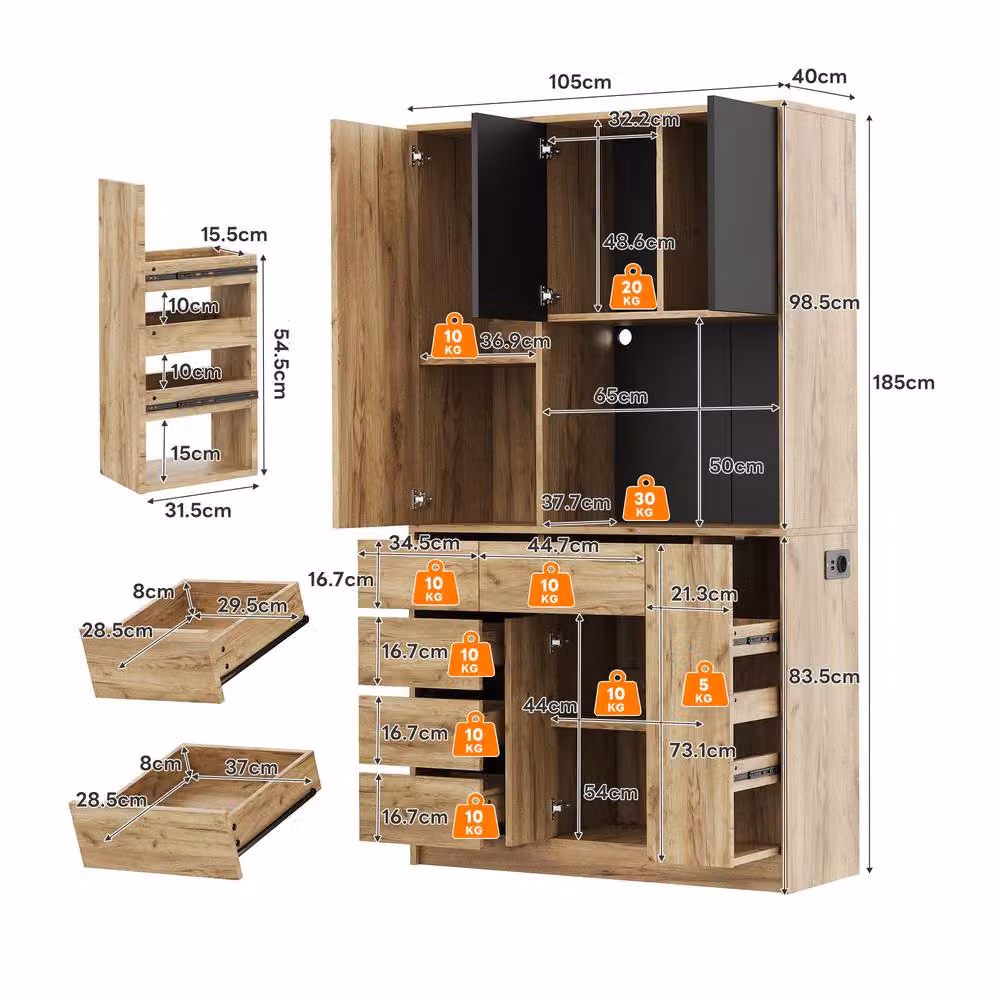BTM Modern Brown Wood Kitchen Storage Cabinet with Pull Out Spice Rack, Integrated LED Lighting and Power Outlet – 2