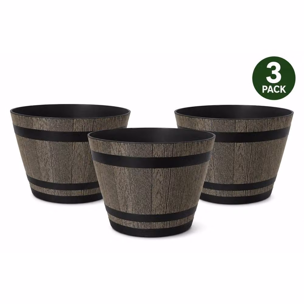 SPETLEK Set of 3 Brown Plastic Barrel Effect Garden Planter Pots, 18L Each – 2
