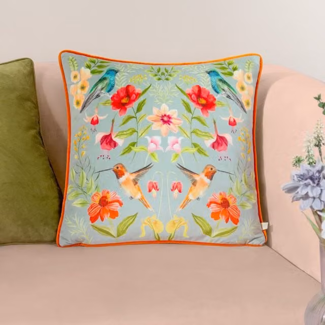 Wylder Nectar Garden Blossom Floral Velvet Piped Square Cushion in Multicolour, W/D/H: 43 x 43 x 43 cm