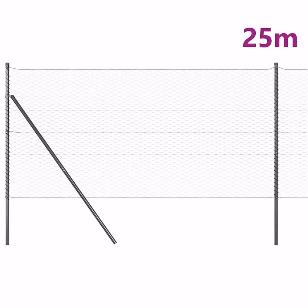 Berkfield Home Hexagon Wire Fence with 7 Round Posts, Steel Grey, 2 x 25 m – 3