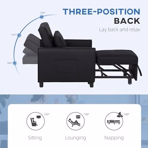 HOMCOM Compact Single Convertible Sleeper Chair Bed in Black with Adjustable Backrest and Side Pockets – 5