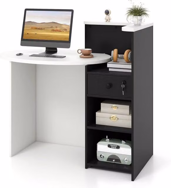 Gymax Oval Reception Counter Desk with Lockable Drawer and Adjustable Shelf in Black