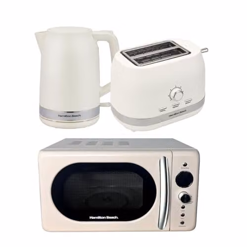 Hamilton Beach Ella Retro Kitchen Appliance Set in Latte Beige, including 1.7L Electric Kettle, 2-Slice Wide Slot Toaster and 20L Microwave