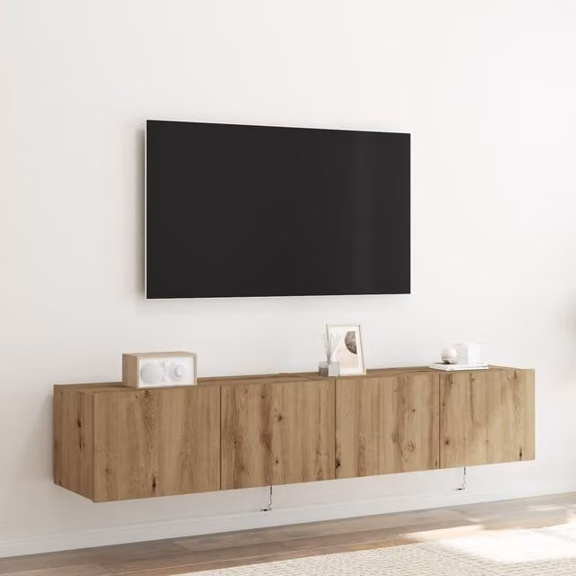 Berkfield Home Set of 2 Modern Artisan Oak TV Wall Cabinets with Integrated LED Lighting in Brown, W/D/H: 80 x 35 x 31 cm