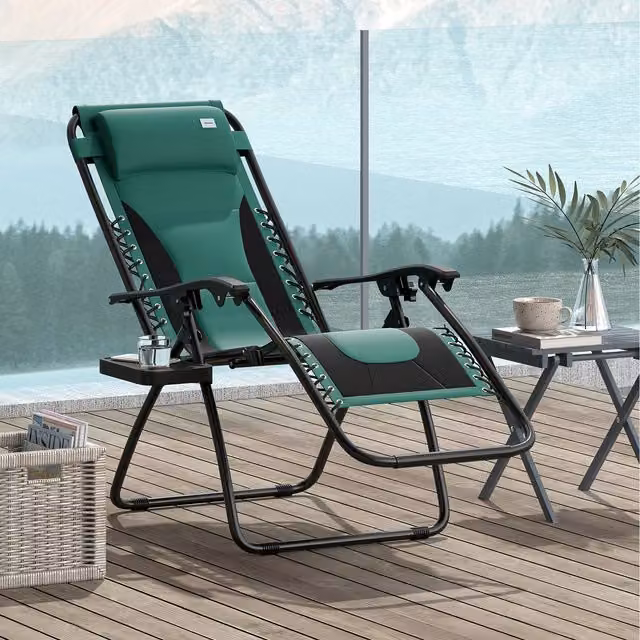 Outsunny Zero Gravity Folding Recliner Lounger with Cup Holder and Pillow, Green