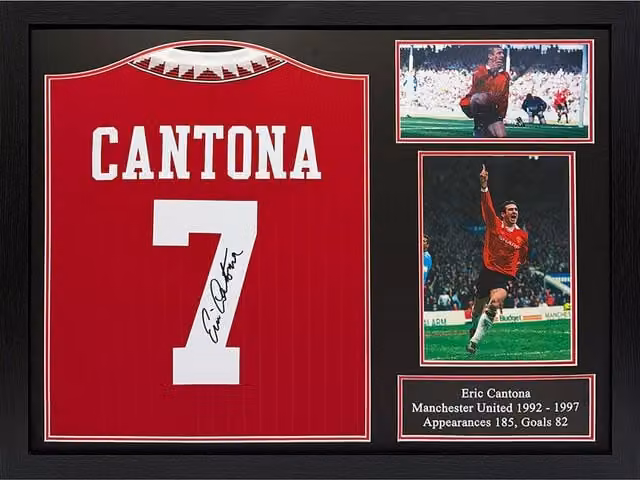 Eric Cantona Signed and Framed Manchester United Red Textile Shirt
