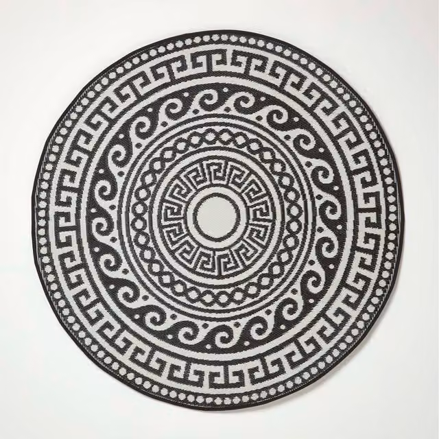 Homescapes Enid Aztec Round Outdoor Rug, Black and White, Diameter: 180 cm