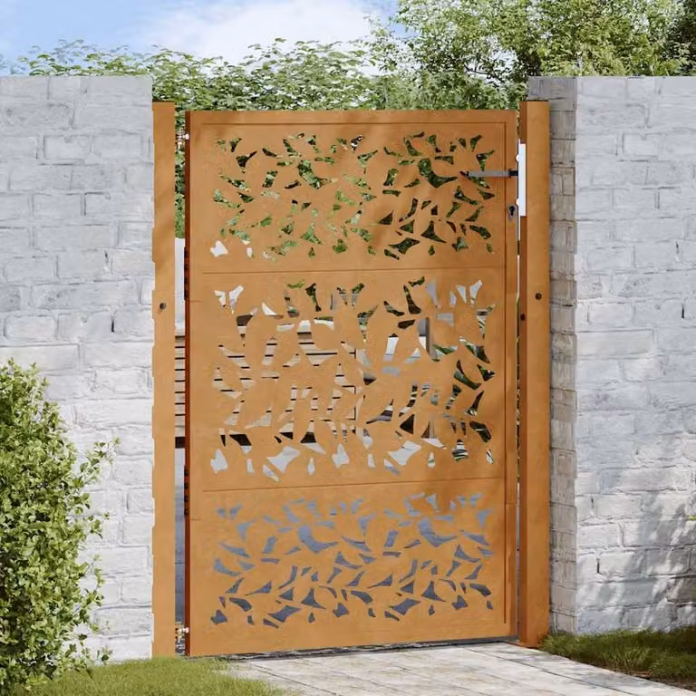 Berkfield Brown Weathering Steel Garden Gate with Leaf Design, W: 105 cm, H: 130 cm