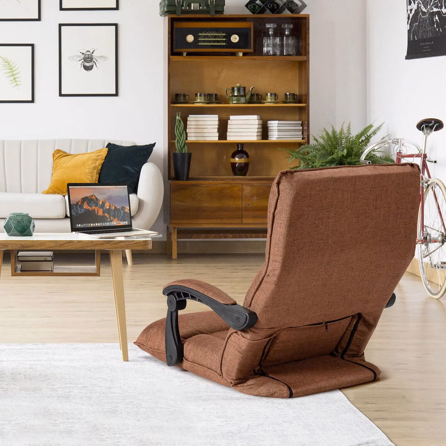 Costway Adjustable Dark Brown Fabric Gaming Floor Chair with Linkage Armrests and Headrest – 4