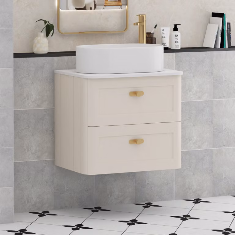 Royal Bathrooms Henley 600mm Mushroom Cashmere Wall Hung 2 Drawer Vanity Unit with Plain White Worktop, Peak Basin and Brushed Brass Knob
