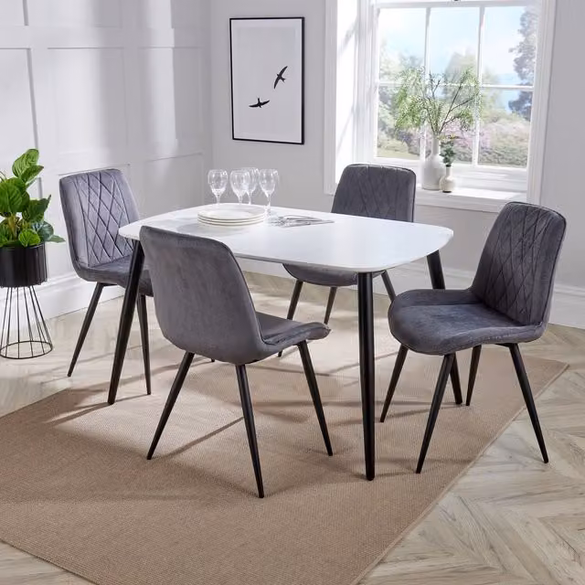 Core Products Ltd Aspen White Rectangular Lacquered Dining Table and 4 Grey Diamond Stitch Fabric Chairs Set, W: 120 cm, D: 80 cm, H: 75 cm