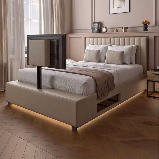 XR Living Maisie Upholstered TV Bed with LED Lighting in Beige, W/D/H: 180 x 200 cm
