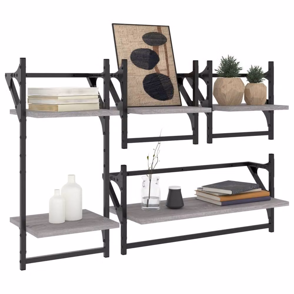 Berkfield Home 4 Piece Grey Sonoma Wall Mounted Shelf Set with Hanging Rods in Engineered Wood – 3