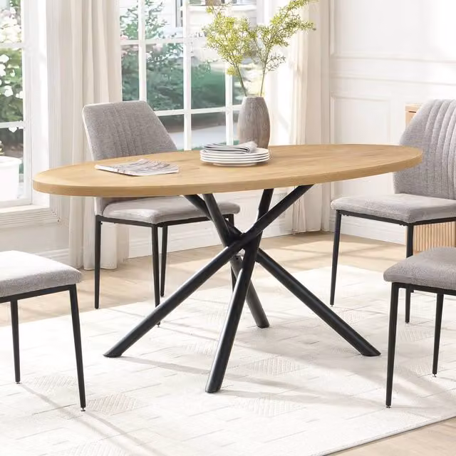 Mona Vale Furniture Oval Dining Table with Light Oak Wood Top and Black Metal X-Frame Base, W/D/H: 170 x 76 x 76 cm – 1
