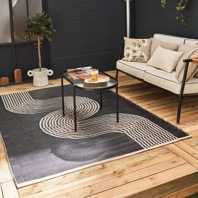 THE RUGS Reversible Weatherproof Outdoor Rug Wavy Line Black & Beige W: 180 cm, D: 270 cm