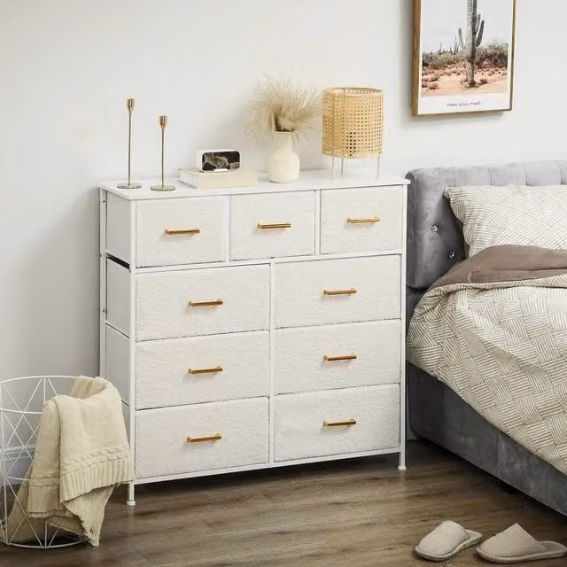 FORGEVIO 9 Drawer Boucle Chest of Drawers in White and Gold – 1