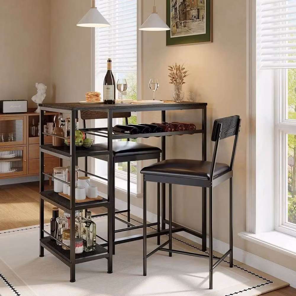 VOGREX 3-Piece Modern Square Dining Set with 2 Stools and Wine Rack in Black – 6