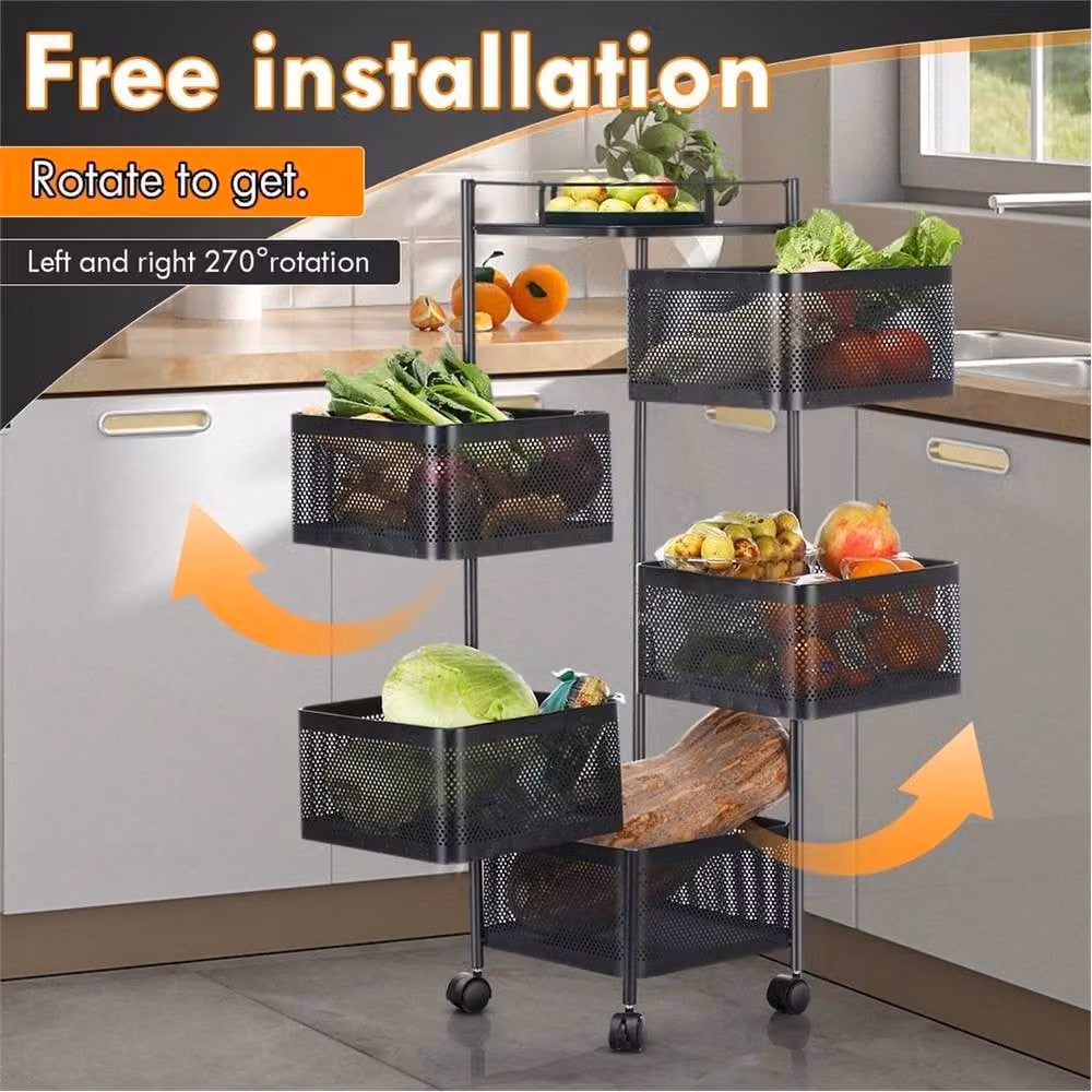 Nordara 6-Tier Rotating Metal Kitchen Serving Trolley Cart in Black, H 94 cm x W 100 cm x D 15 cm – 4