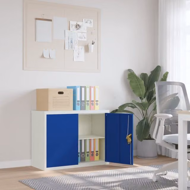Berkfield Home Metal File Cabinet in Light Grey and Blue, W/D/H: 90 x 40 x 70 cm