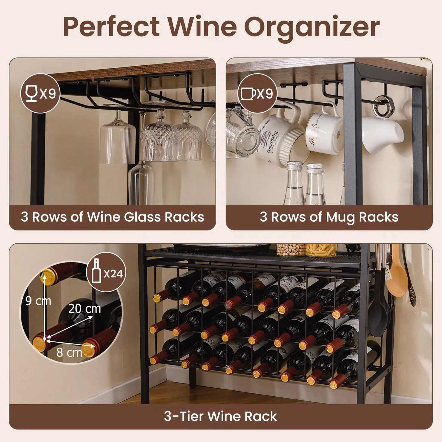 Costway Multi-Tier Industrial Wine Organizer and Bakers Rack with Power Outlet in Brown – 4