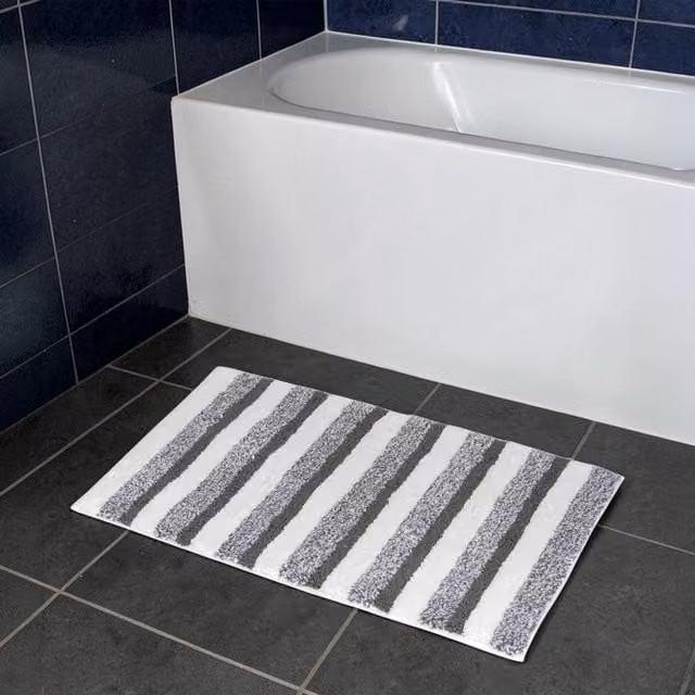 Showerdrape Milton Maritime Striped Cotton Bath Mat in Grey and Blue, W/D: 80 x 80 cm