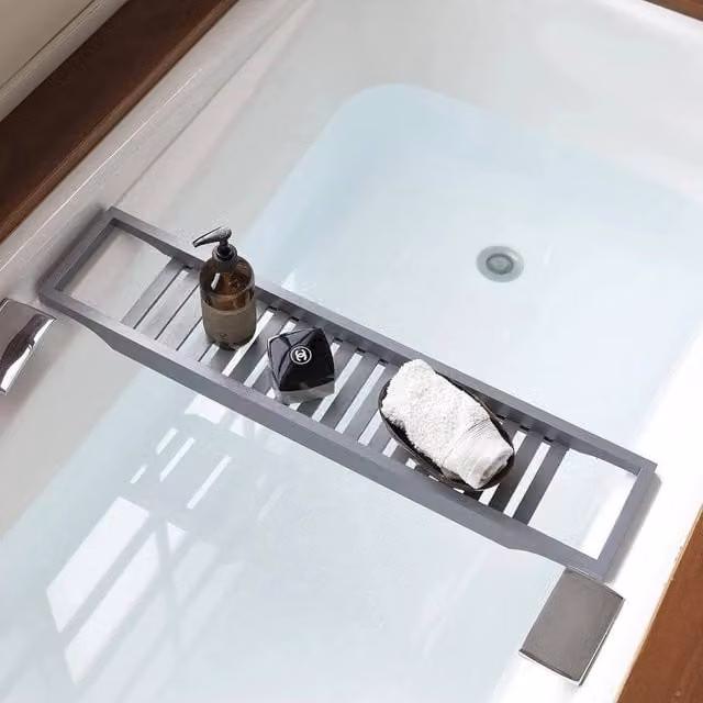 FLAVORA Slimline Bamboo Bath Bridge Rack Caddy Shelf in Grey, W: 100 cm, D: 15 cm – 1