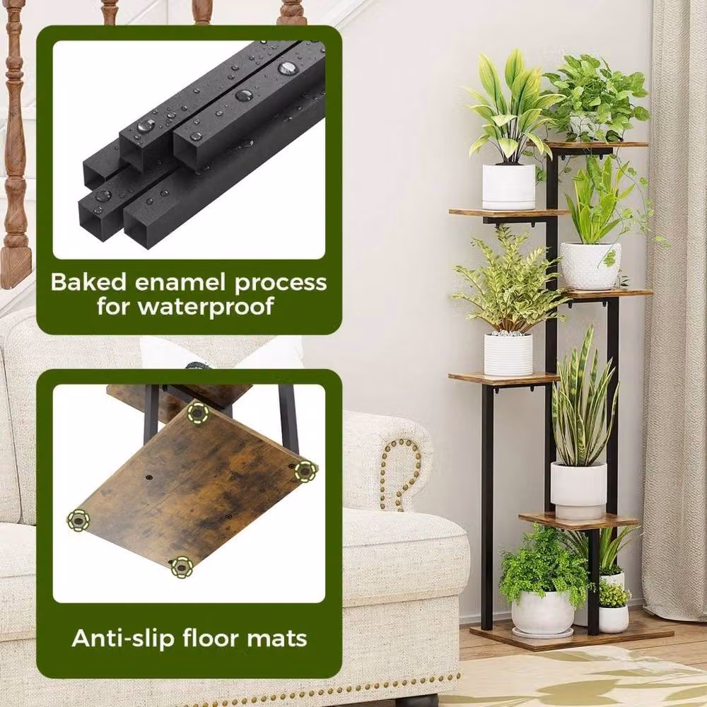 SPETLEK 6-Tier Metal and Wood Ladder Plant Stand in Matt Black, H 120 cm x W 40 cm – 3