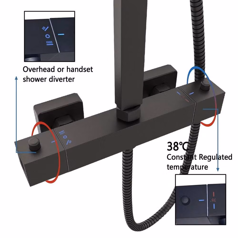 Hinsinc Matte Black Square Thermostatic Dual Shower Set with Overhead and Hand Shower, W: 180 cm, H: 180 cm – 3