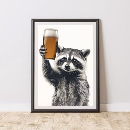 60 Second Makeover Funny Raccoon Drinking Beer Illustration Paper Poster, Multicolour, A4