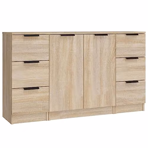 vidaXL Set of 3 Minimalist Sideboards in Sonoma Oak and Brown/Beige MDF