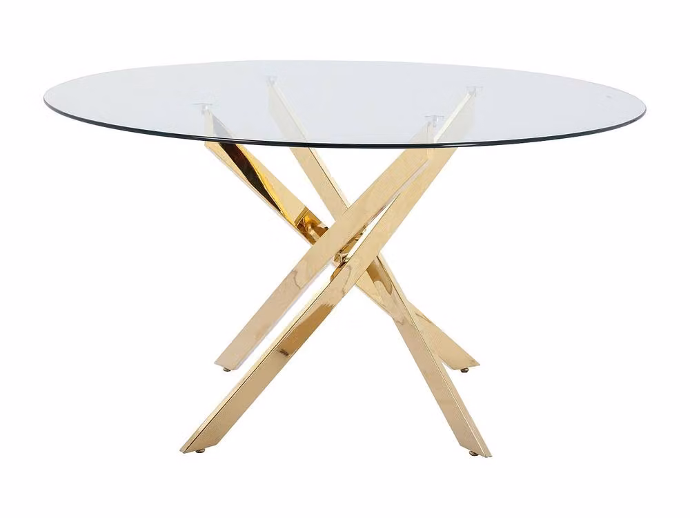 Vente-unique 4-Seater Round Dining Table with Transparent Glass Top and Gold Metal X-Frame, Diameter: 140 cm, Height: 77 cm – 2