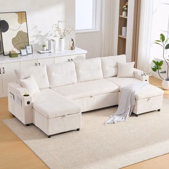 Aosom UK Contemporary 4-Seater U-Shaped Sofa with 2 Chaise Longues, Ribbed Corduroy Fabric, Built-in Cup Holders and USB Charging, Beige, W: 272 cm, D: 136 cm, H: 86 cm