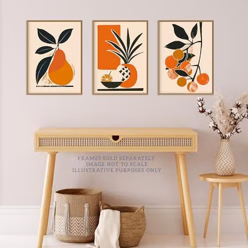 Wee Blue Coo Set of 3 Summer Fruit Boho Mid Century Kitchen Paper Posters, Blue and Orange, W/H: 30.5 x 40.6 cm – 2