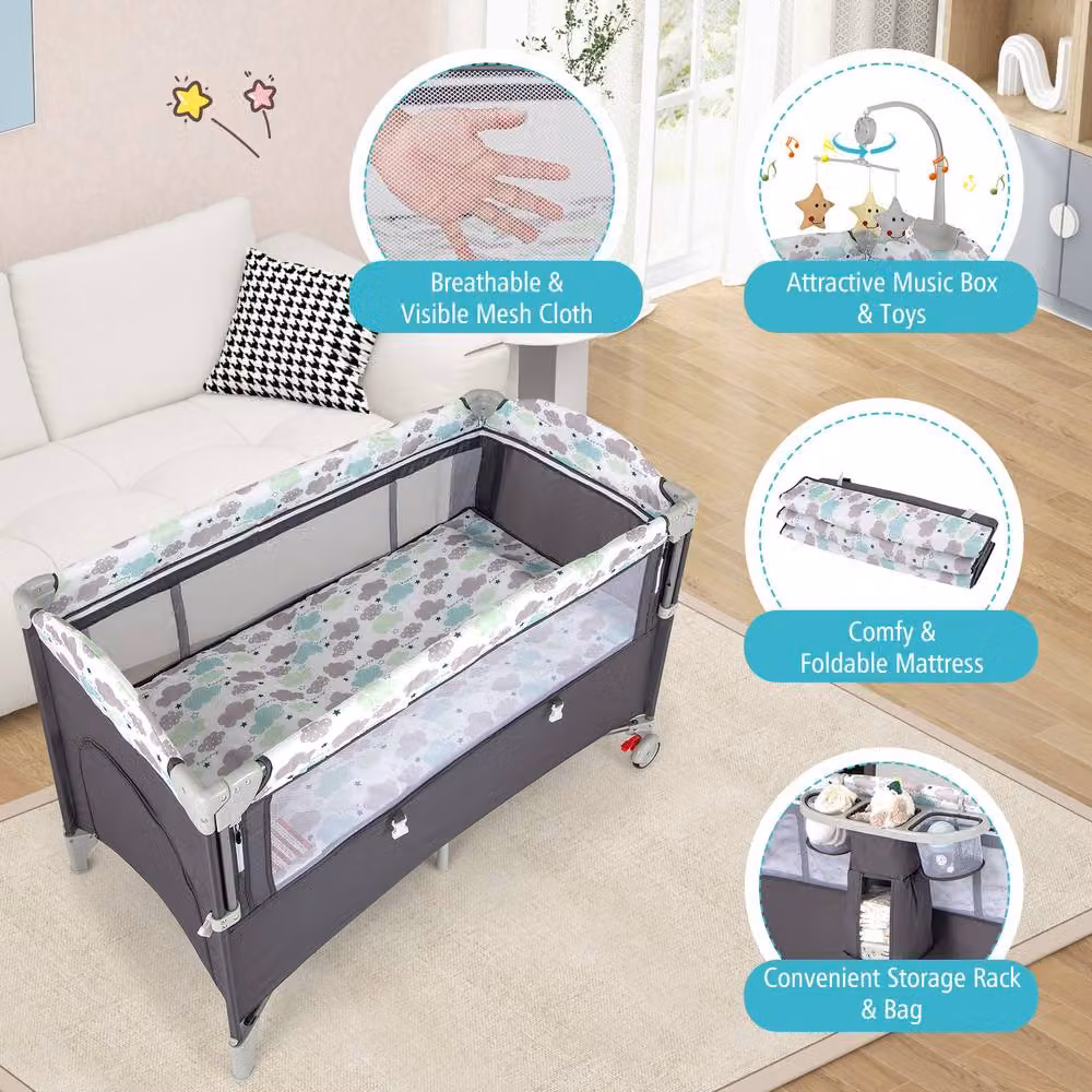 CASART Pack & Play Foldable Baby Nursery Center with Diaper Changing Table in Grey – 7