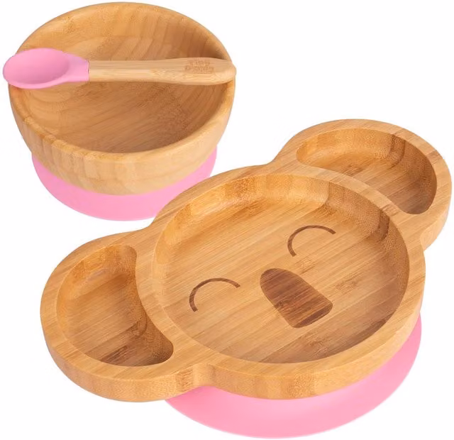 Tiny Dining Childrens Bamboo and Silicone Koala Suction Divided Dinner Set in Pink