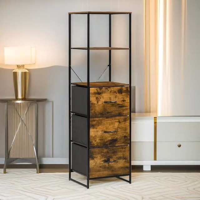 Pirlo Plush Industrial Storage Cabinet with 2 Open Shelves in Rustic Brown and Black, H 155 x W 44 x D 40 cm – 1