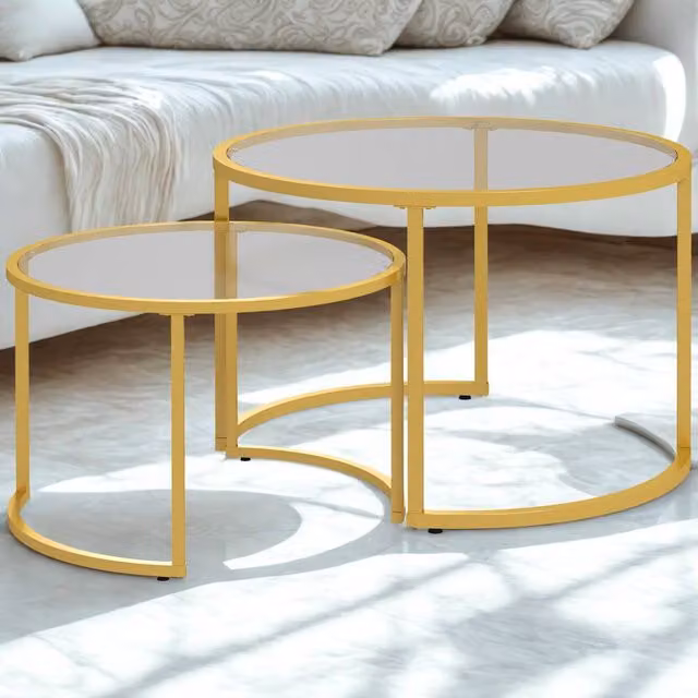 FURNOS Set of 2 Round Gold Nesting Tables with Tempered Glass Tops