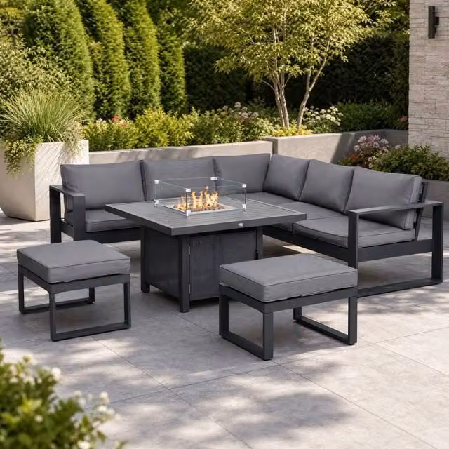 STILVORA 7-Seater Modern Grey Sofa Set with Metal Fire Pit Table