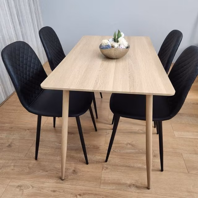 Kosy Koala Modern Kitchen Dining Table and 4 Black Faux Leather Padded Chairs Set in Oak and Black