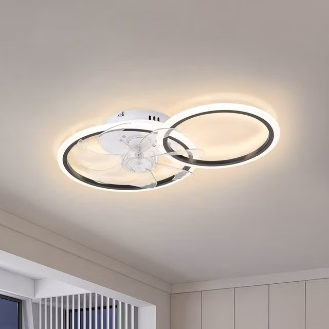 Livingandhome RGB 2-Circle LED Ceiling Fan Light with Remote Control and App Control, Black, White and Transparent