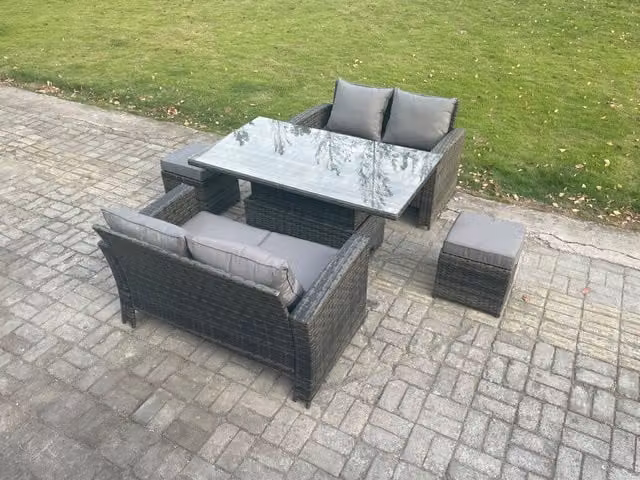 Fimous 5 Piece Grey Poly Rattan Garden Furniture Set with Height Adjustable Lifting Table and 2 Small Footstools