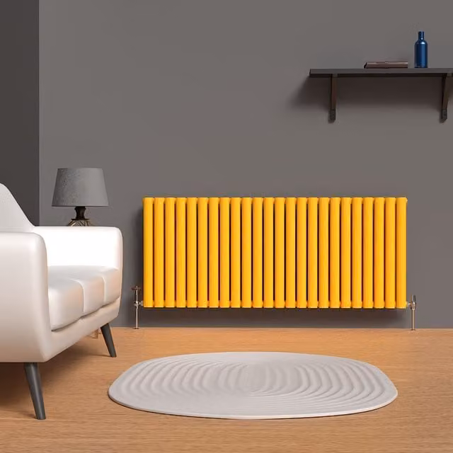 Lux Heat Oval Horizontal Coloured Double Radiator in Sunflower Yellow, W: 60 cm, H: 144 cm