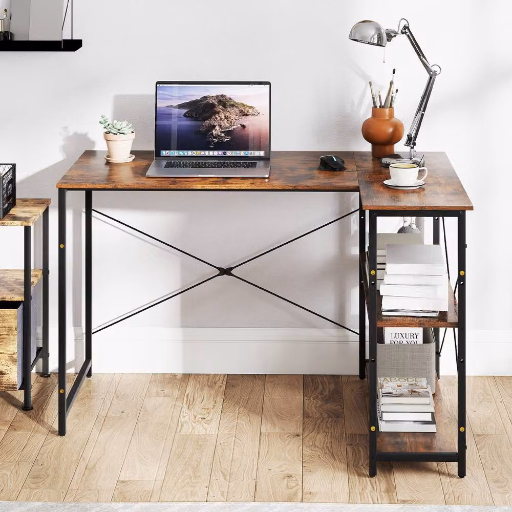 Gymax L-shaped Reversible Corner Computer Desk with Adjustable Shelf in Brown – 6