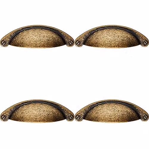 Loops 4 Pack Traditional Shell Cup Pull Handles in Antique Brass, W: 104 mm, H: 26 mm, Fixing Centres: 64 mm