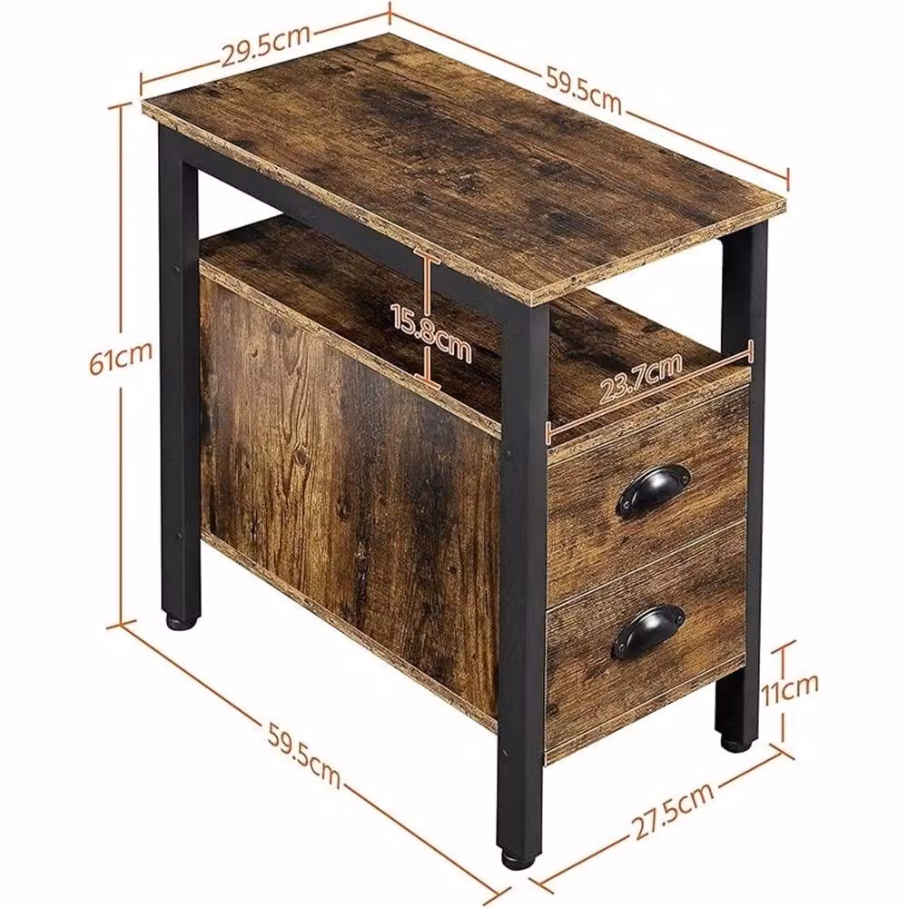 FLAVORA Industrial Rustic Wooden Narrow Bedside Table with 2 Drawers, Brown – 2